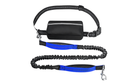 Blue hands-free dog leash with adjustable waist belt and storage pouch, extending from 27 to 48 inches, for safe running.