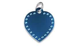 Luxury Heart Dog Tag Blue luxury heart shaped dog tag with rhinestones and silver ring, customisable with personalised dog name.