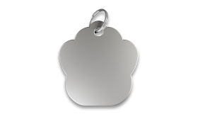 Engraved Paw Dog Tag Silver paw shaped dog tag, with a metal ring, smooth back side for engraved and personalised dog name.