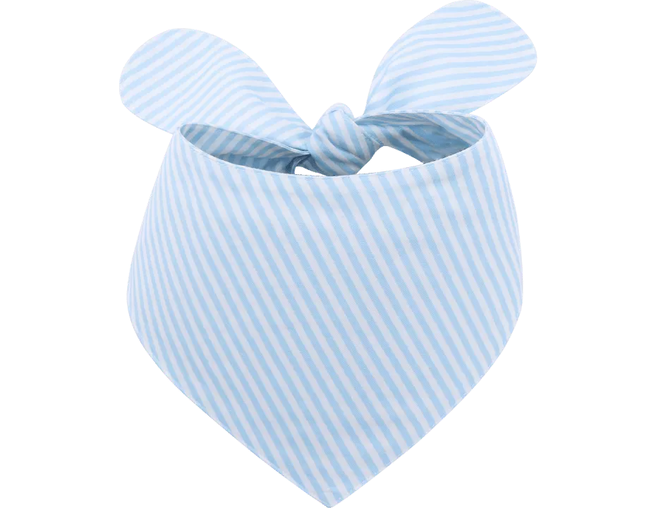 Personalised Stylish Dog Bandana with Embroidered Name Light blue and white striped personalised dog bandana with a knot tie, customisable with embroidered name.
