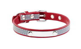 Reflective Engraved Dog Collar Reflective red dog collar with built-in ID plate for name engraving, 10.6 - 13.4 inches in length and 0.59 inches wide.
