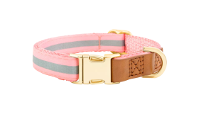 Light pink dog collar with gold metal buckle for dog name engraving, 27-40cm in length and 1.5cm wide, D-ring for attachment.