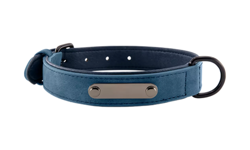 Blue luxury velvet dog collar with built-in ID plate for name engraving, 35 - 37cm in length and 1.7cm wide, with D-ring.
