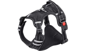 No pull dog harness with reinforced stitching, small size, padded lining, and adjustable straps for comfortable fit.
