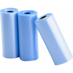 Three rolls of 15 blue dog poop bags, durable and leak-proof, perfect for clean and convenient waste disposal on walks.