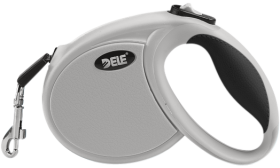 Retractable Dog Leash Grey retractable dog leash with ergonomic black handle, soft grip, with a sturdy clip for secure attachment.