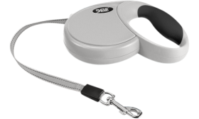 Retractable Dog Leash Grey retractable dog leash with ergonomic black handle, soft grip, with a comfortablee and soft-grip