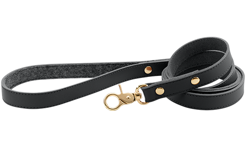 High-end black genuine leather dog leash, 120 cm in length and durable, gold metal clasp and studs for a luxurious look.