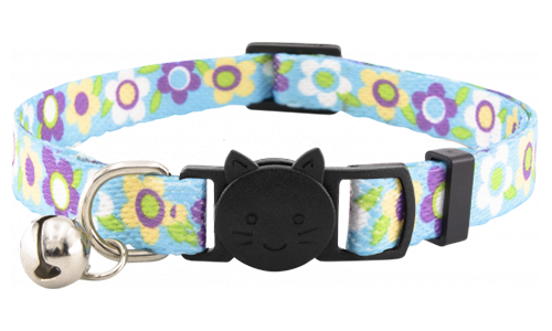Fun Pattern Breakaway Cat Collar Blue floral breakaway cat collar with a bell, adjustable and lightweight, combines charm with safety.