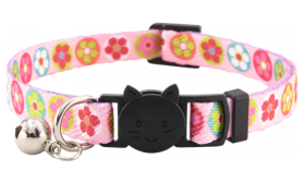 Pink floral breakaway cat collar with a bell, adjustable and lightweight, combines charm with safety.