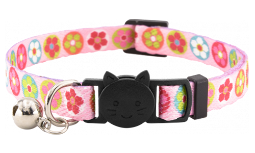 Fun Pattern Breakaway Cat Collar Pink floral breakaway cat collar with a bell, adjustable and lightweight, combines charm with safety.