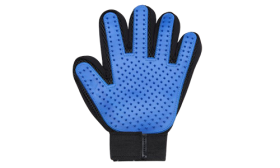 Blue grooming glove designed for grooming dogs, enhanced five fingers designed with rubber tips, with adjustable strap.